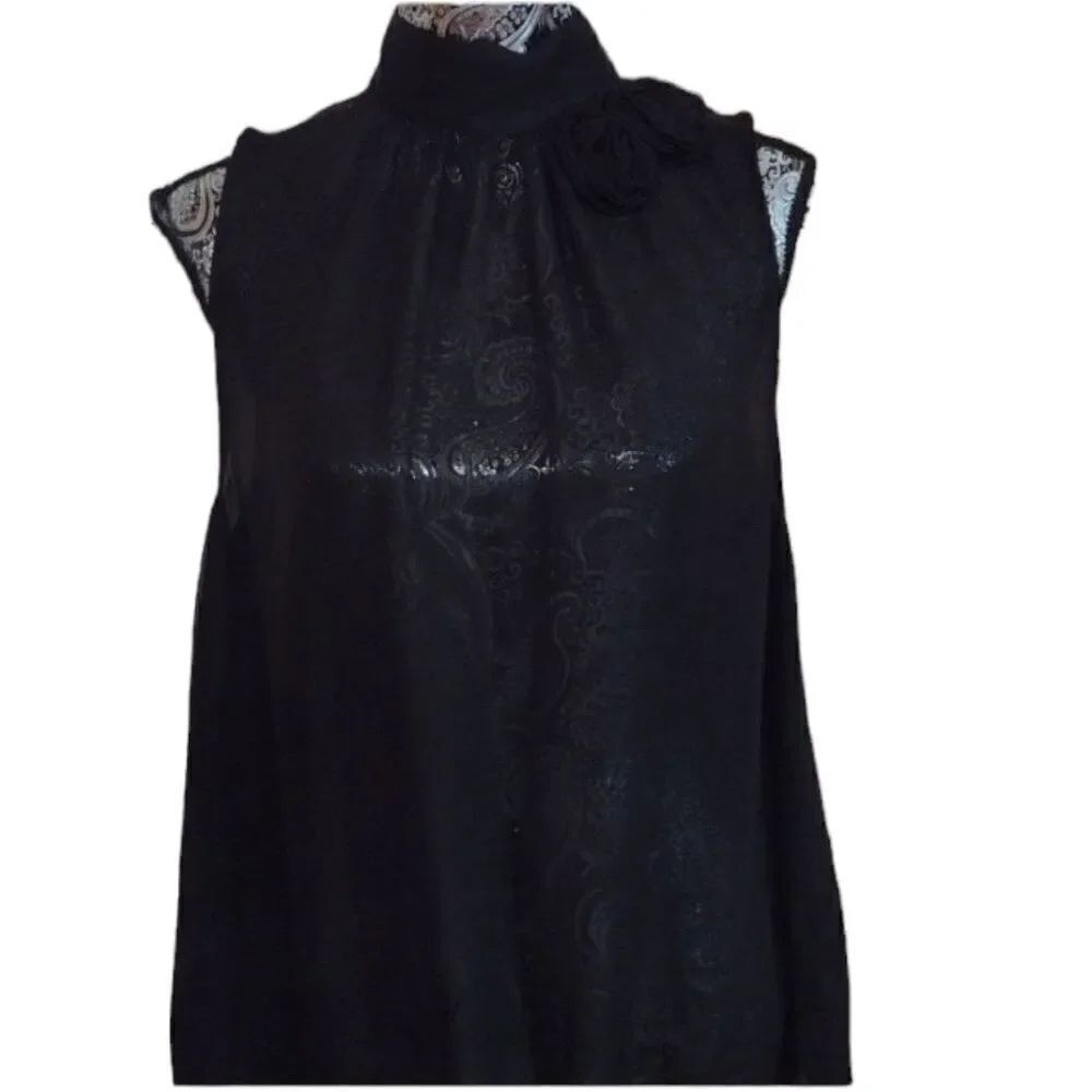 NWT Elena Solano 100% silk chiffon sleeveless blouse w rose details XL